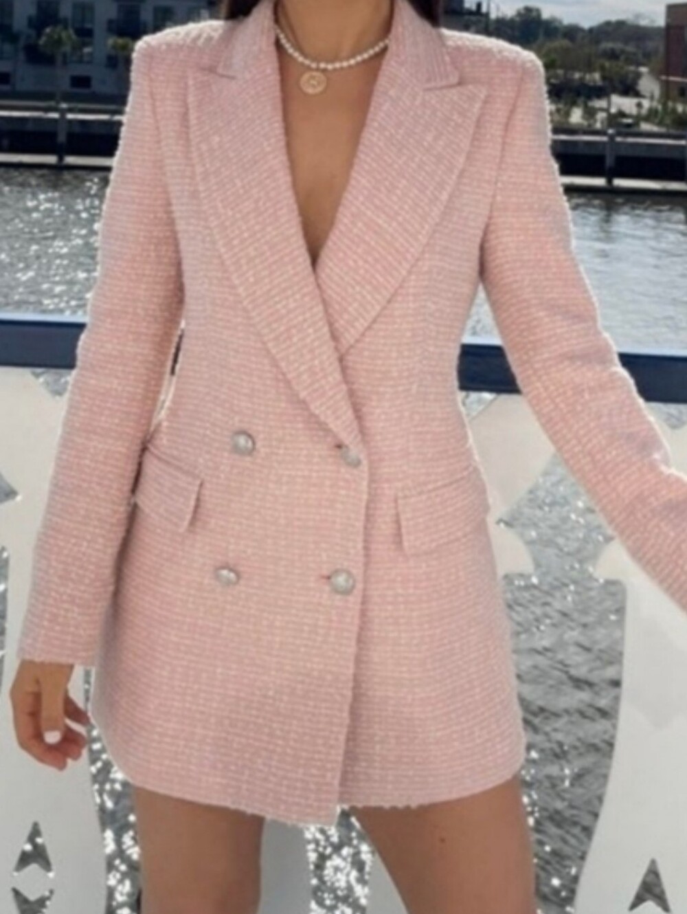 Zara double breasted textured weave tweed jacket Pink Size M 
